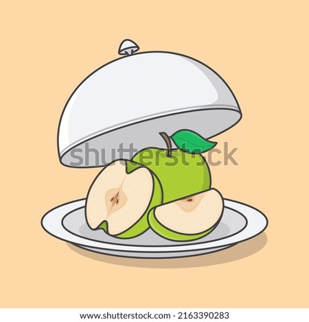 Opened Restaurant Cloche With Green Apple Cartoon Vector Illustration. Fresh Apple Fruit Flat Icon Outline