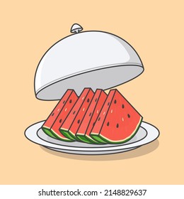 Opened Restaurant Cloche With Watermelon Cartoon Vector Illustration. Watermelon Fruit Flat Icon Outline