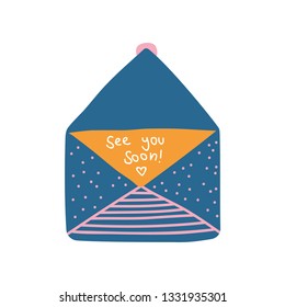 Opened Retro Blue Mail Envelope with See You Soon Letter Vector Illustration