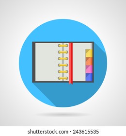 Opened ring notebook flat vector icon. Single round blue flat vector icon for opened ring notebook or day book with colored bookmark and with long shadow on gray background.