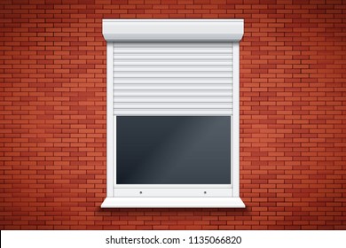 Opened Roller Shutters Window on red brick wall. Protect System Equipment. White color. Vector Illustration isolated on background.