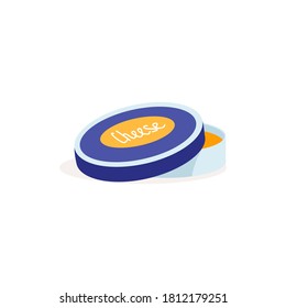 Opened round container of cheese. Natural fresh healthy dairy product, melted cheese packaging template design flat vector illustration isolated on white background