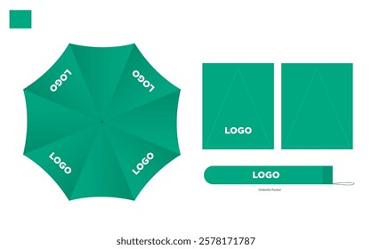 Opened Round Green Rain Umbrella Top View Mock up Close Isolated on Background.