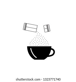 Opened Sachet Icon or Container Sign with Sugar or Creamer over a Coffee Cup isolated on White Background. Disposable Packaging Stick Vector Illustration