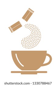Opened Sachet Icon or Container Sign with Sugar or Creamer over a Coffee Cup isolated on White Background. Disposable Packaging Stick Vector Illustration