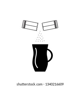 Opened Sachet Icon or Container Sign with Sugar or Creamer over a Coffee Cup isolated on White Background. Disposable Packaging Stick Vector Illustration