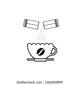 Opened Sachet Icon or Container Sign with Sugar or Creamer over a Coffee Cup isolated on White Background. Disposable Packaging Stick Vector Illustration