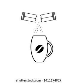 Opened Sachet Icon or Container Sign with Sugar or Creamer over a Coffee Cup isolated on White Background. Disposable Packaging Stick Vector Illustration