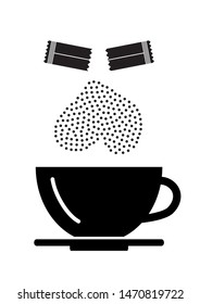 Opened Sachet Icon or Container Sign with Sugar or Creamer over a Coffee Cup isolated on White Background. Disposable Packaging Stick Vector Illustration
