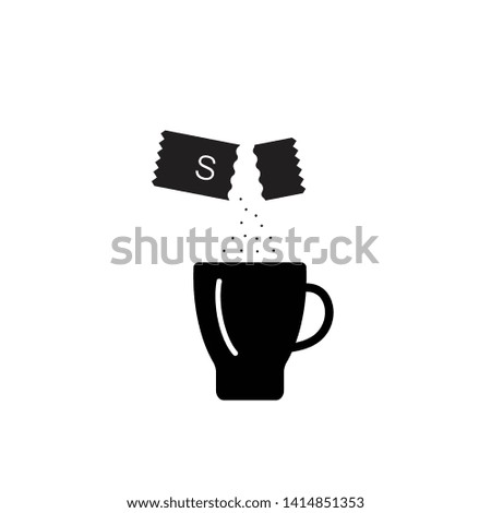 Opened Sachet Icon or Container Sign with Sugar or Creamer over a Coffee Cup isolated on White Background. Disposable Packaging Stick Vector Illustration