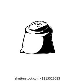Opened sack full of grain monochrome silhouette - black and white symbol of canvas bag filled with bulk materials isolated on white background. Farming stuff in vector illustration.