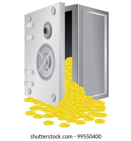Opened safe box with gold coins inside on the white background.