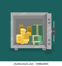 Opened safe with coins and cash in front view. Flat style