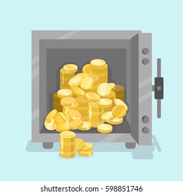 Opened safe with coins in front view. Flat style