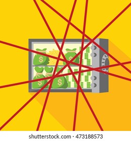 a opened safe with a laser illustration isolated in a yellow background