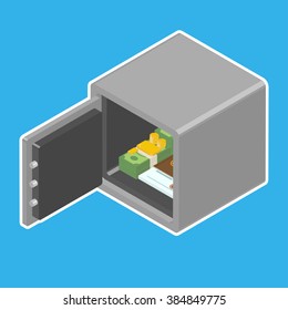 Opened safe with money gold and documents. Isometric vector illustration