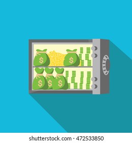 a opened safe with a lot of money illustration isolated in a blue background