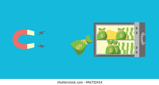 a opened safe with a lot of money illustration isolated in a blue background & Magnet attracts money