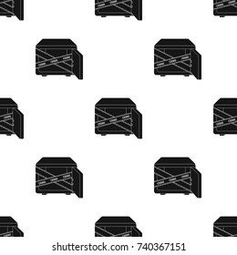 Opened safe with a protective tape. Creme, metal safe single icon in black style vector symbol stock illustration web.