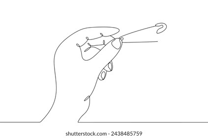 Opened safety pin in hand. A device for pinning pieces of fabric and other soft materials in the form of a needle connected to a rod with a cap at the end. Vector illustration.