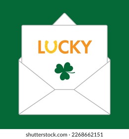 Opened Saint Patrick's Lucky Letter in a White Envelope  With a "Lucky" Message and a Shamrock Symbol. Fortunate Clover Invitation Mailed Letter that is part of a set.