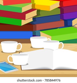 Opened school book, smart phone and a lot of empty coffee cup on desk, stack of books on the background, education concept. Vector cartoon style illustration.