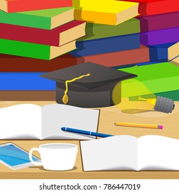 Opened school books, pen, pencil, smart phone, empty coffee cup and graduation cap, light bulb on desk, stack of books on the background, education concept. Vector cartoon style illustration.