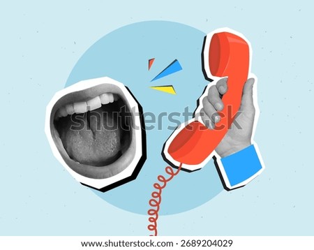 Opened screaming mouth and black and white hand holding a vintage telephone receiver. Angry customer. Modern photo collage style. Vector illustration