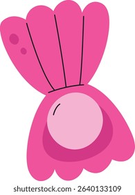 An opened seashell with a pearl inside, depicted in a playful cartoon style. A clam shell reveals a shiny gem in a vibrant and fun manner. Cartoon vector illustration.