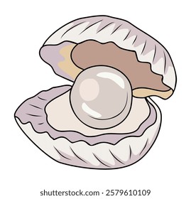 Opened Seashell with pearl inside. Exotic undersea mollusc. Ocean underwater shellfish. Beach aquatic decoration. Flat vector illustration of mollusk isolated on white background 