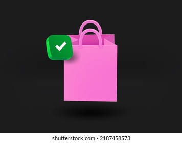 Opened shopping bag with checkmark icon. 3d vector illustration


