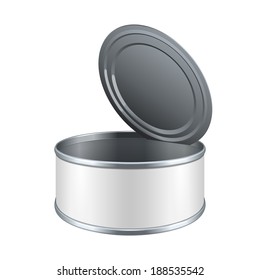 Cama De Tin De Metal Corto Abierta, Comida En Cubierta Con Etiqueta Blanca. Listo Para Su Diseño. Vector de embalaje de producto EPS10