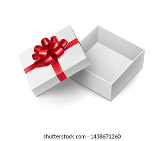 Opened short square box with glossy red ribbon decoration. Surprise packing for women day or other feminine events. Realistic white 3d container isolated on white background vector illustration.