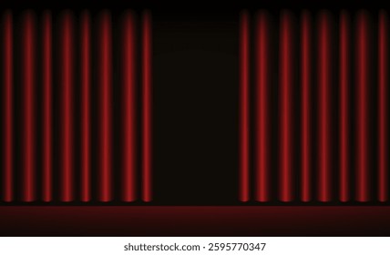 Opened Silky Red Curtains With Stage, Dark Background. Vector Illustration