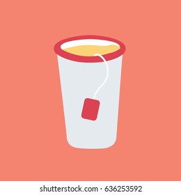 Opened simple clean take out flat design style or take away lemon tea in cardboard cup vector icon with tea bag