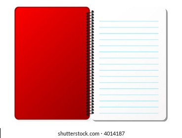 Opened spiral notebook with ruled sheets over white background