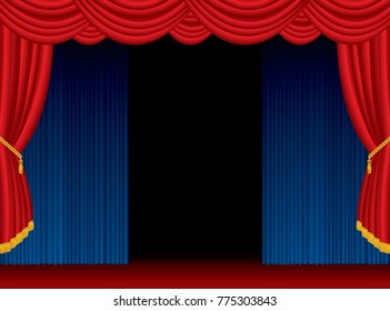 opened stage with red and blue curtain, vector background illustration
