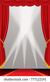 opened stage with red curtain and red carpet, vector background illustration with transparent spots, layered and editable
