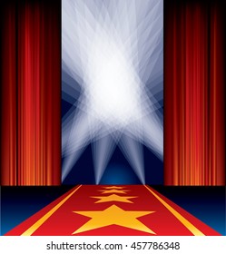 opened stage, red curtain, stars on red carpet, spotlights on sky, vector background