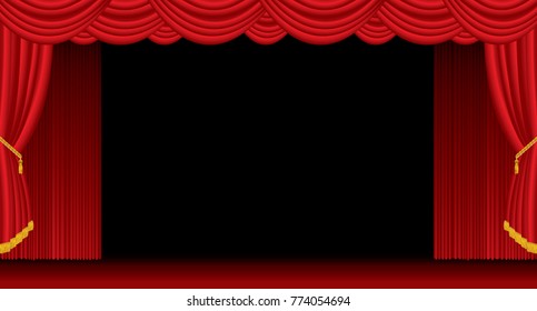 opened stage with red curtain, vector background illustration