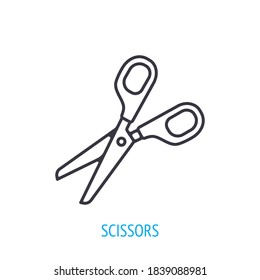 Tijeras de papel abiertas. Icono de esquema. Ilustración vectorial. Símbolo de educación, artesanía, sastre y barbería. Pictograma de línea delgada para la interfaz de usuario. Fondo blanco aislado