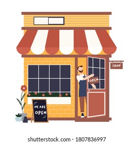 Opened the store with small business man owner or young employee using apron and hand holds a sign saying we are open on cafe shop or restaurant hang on door at entrance. vector illustration