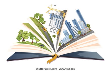 Opened storybook with modern city buildings isolated on white background. Cityscape with office skyscrapers design in literature. Cover page with tourist town map. Read more books. Vector illustration