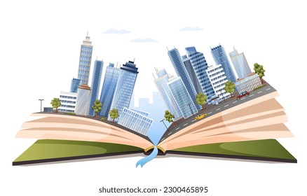 Opened storybook with modern city buildings isolated on white background. Cityscape with office skyscrapers design in literature. Cover page with tourist town map. Read more books. Vector illustration