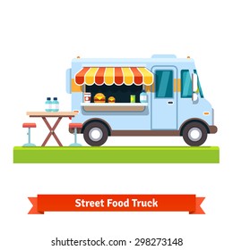 Opened street food truck with free table. Flat vector illustration isolated on white background.