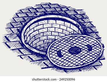 Opened street manhole. Doodle style