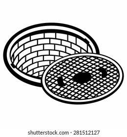 Opened street manhole. Isolated on white background
