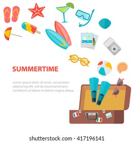 Opened suitcase with flying summer and travel icons set. Fun summertime concept with flip flops, surf, sunglasses, photos, drink, beach umbrella, starfish. Background Layout template. 