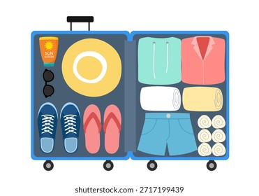 Mala aberta cheia de coisas. Bagagem de viagem, bagagem, atributo de viagem vetor ilustração sobre fundo branco.