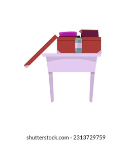 Opened suitcase on table, flat vector illustration isolated on white background. Packing baggage for business trip or vacation. Luggage with items for holiday.